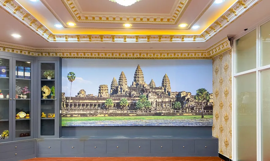 A full-wall MK-3D printed mural in a Phnom Penh dining hall